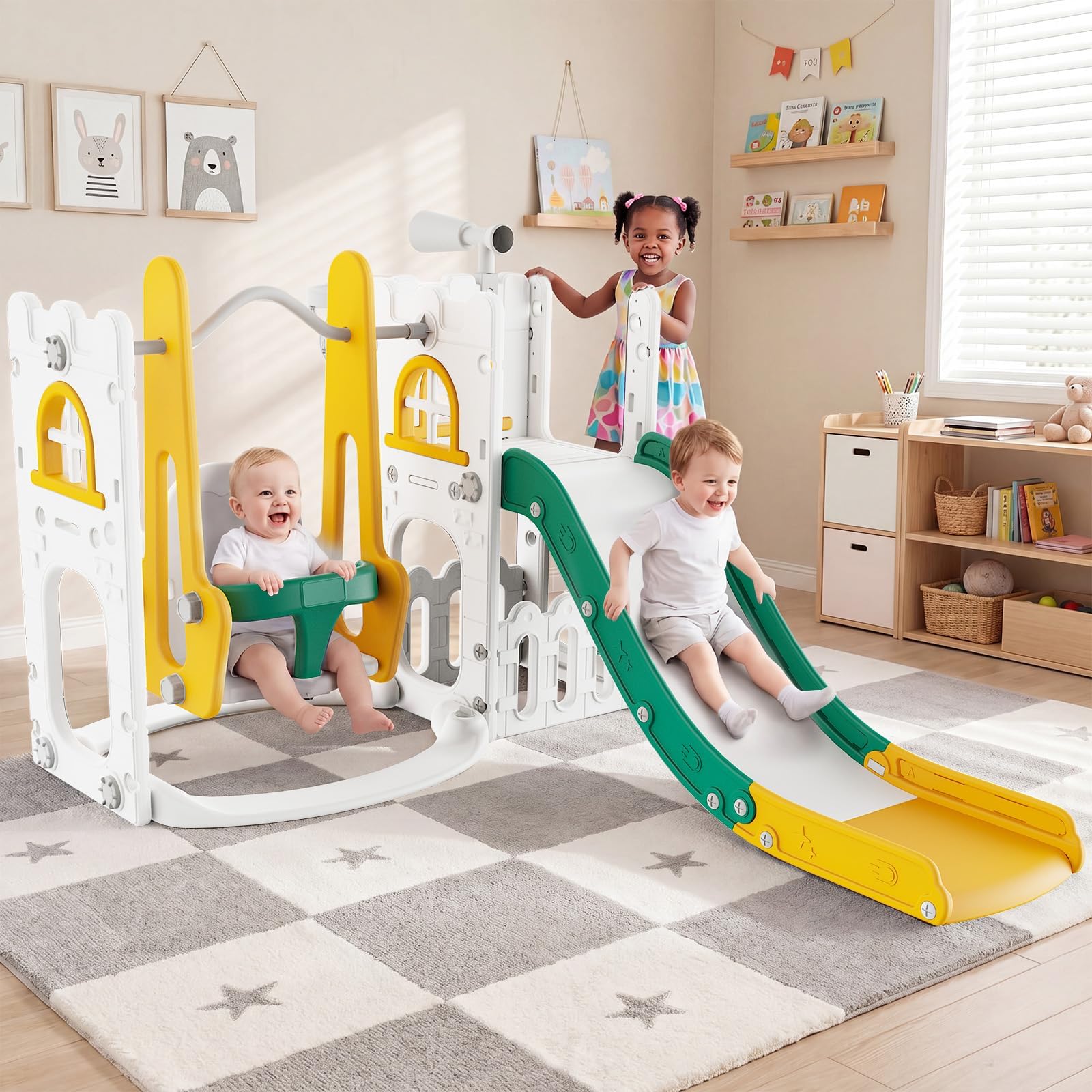 Kids Outdoor Basketball Hoop - 7 in 1 Toddler Slide And