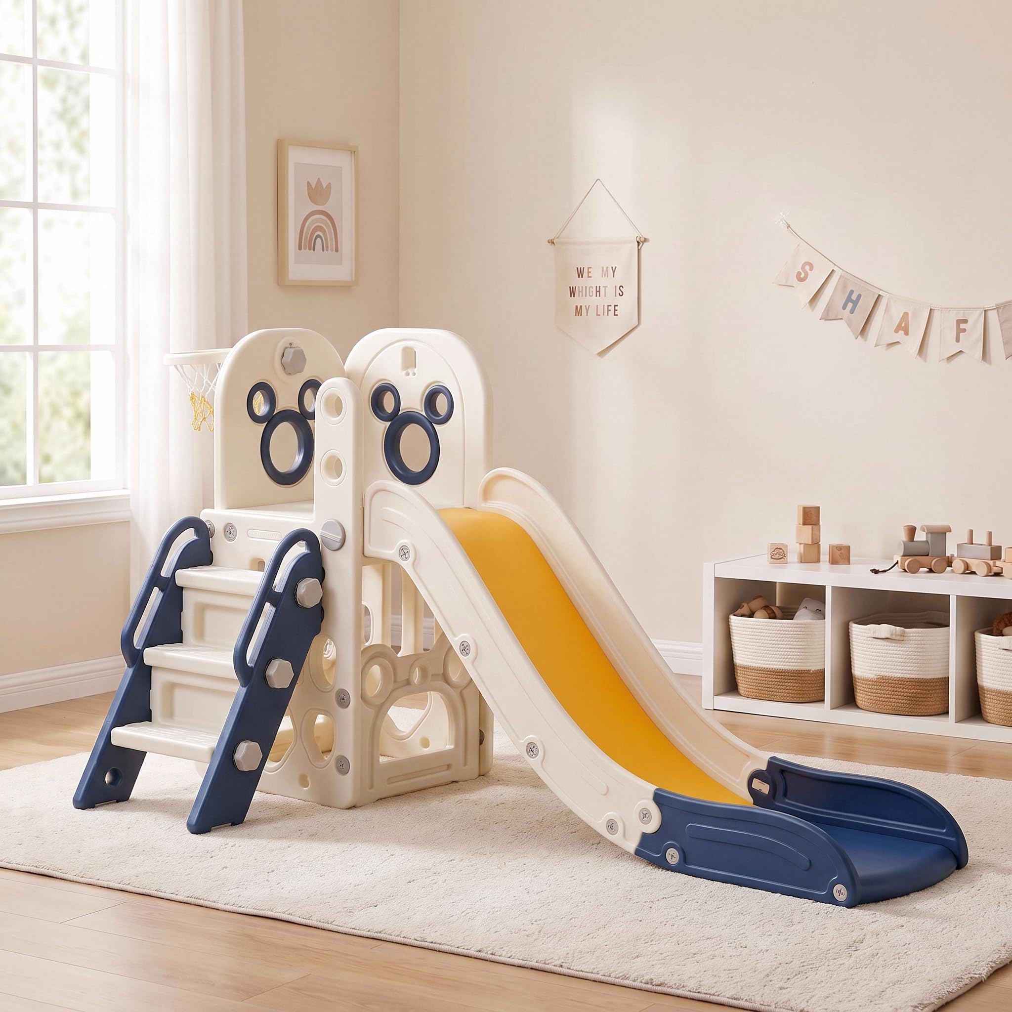 Kids Outdoor Basketball Hoop - 6 in 1 Toddler Slide Playset,