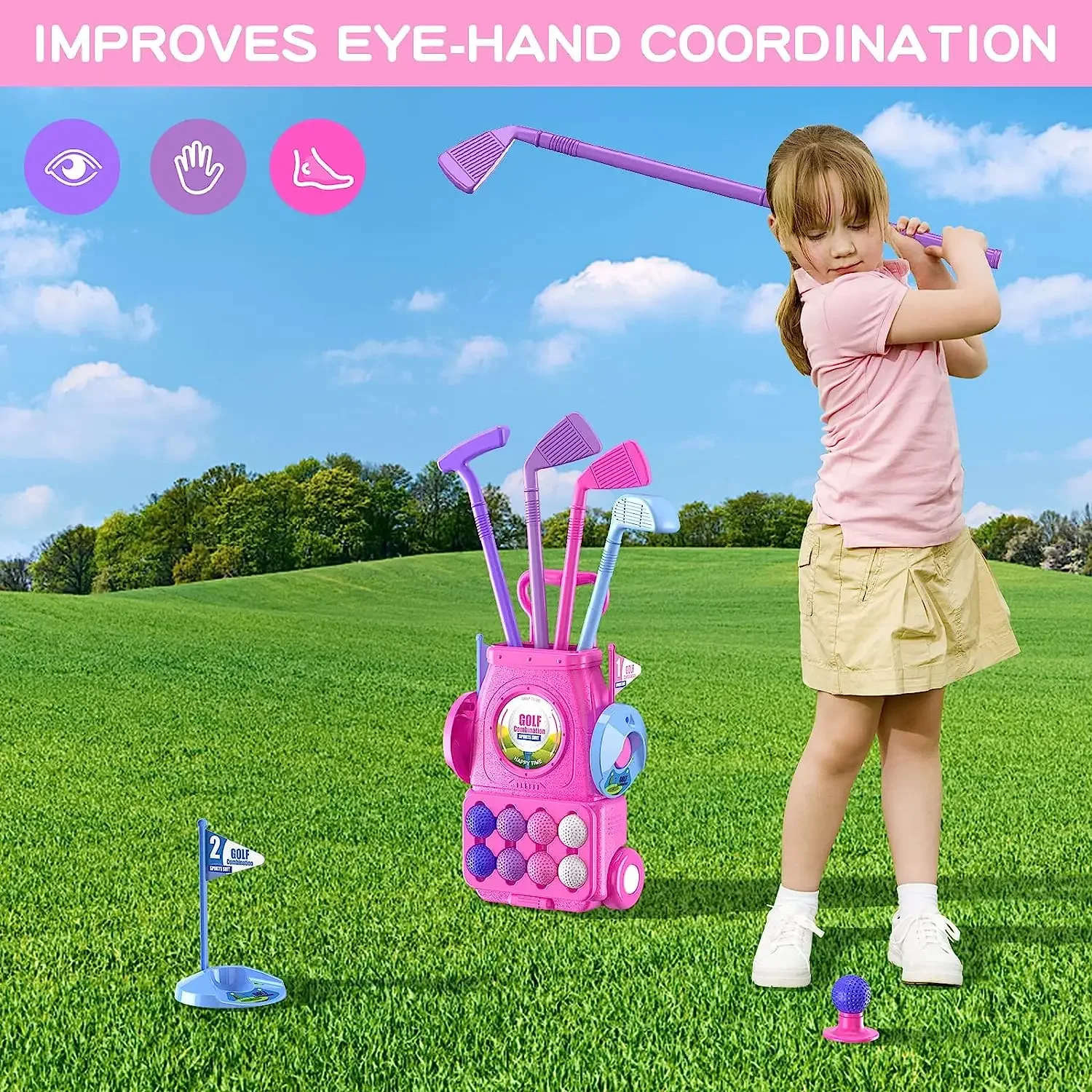 Pink Kids Golf Club Set with P - Kids Indoor Outdoor Cart review and price